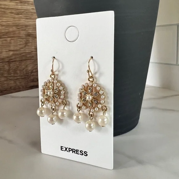 Express Gold & Faux Pearl Dangle Earrings with with Wheel Shape CZ Detail - Picture 2 of 4